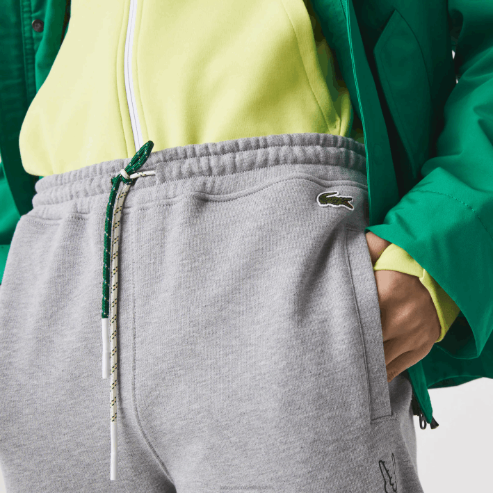 hombres Lacoste 6F241065 lomo gris 4jv pantalones de chándal de felpa de algodón con estampado de cocodrilo y firma