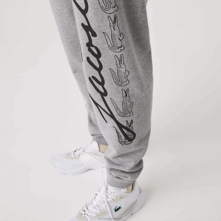 hombres Lacoste 6F241065 lomo gris 4jv pantalones de chándal de felpa de algodón con estampado de cocodrilo y firma