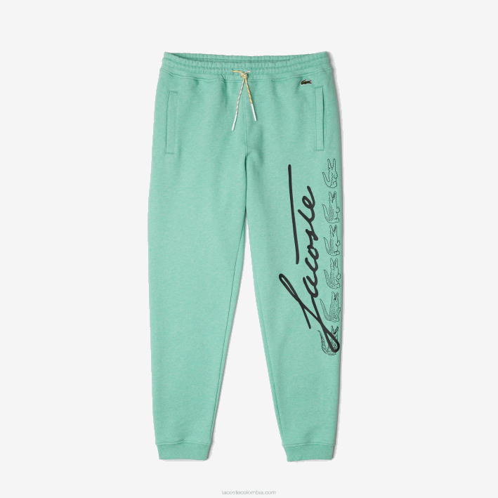 hombres Lacoste 6F241066 VHC verde pantalones de chándal de felpa de algodón con estampado de cocodrilo y firma