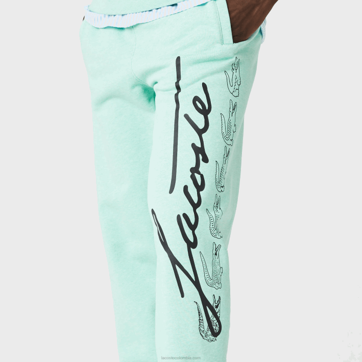 hombres Lacoste 6F241066 VHC verde pantalones de chándal de felpa de algodón con estampado de cocodrilo y firma