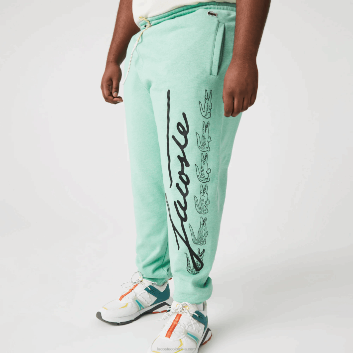 hombres Lacoste 6F241066 VHC verde pantalones de chándal de felpa de algodón con estampado de cocodrilo y firma