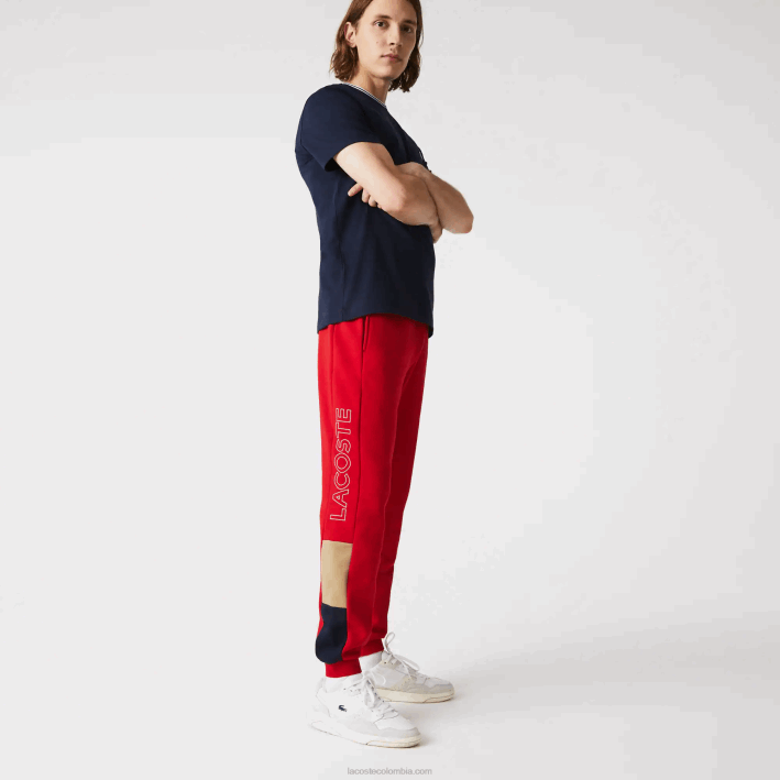 hombres Lacoste 6F241109 rojo beige azul marino 1fu pantalones de chándal de vellón con bloques de color de la marca