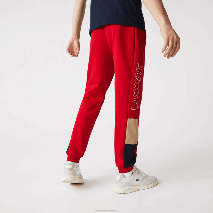 hombres Lacoste 6F241109 rojo beige azul marino 1fu pantalones de chándal de vellón con bloques de color de la marca