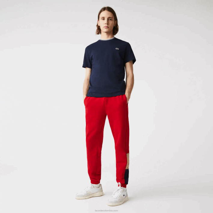 hombres Lacoste 6F241109 rojo beige azul marino 1fu pantalones de chándal de vellón con bloques de color de la marca