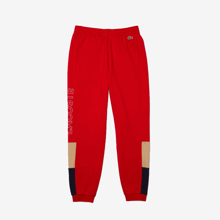 hombres Lacoste 6F241109 rojo beige azul marino 1fu pantalones de chándal de vellón con bloques de color de la marca