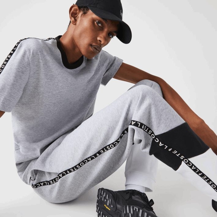 hombres Lacoste 6F241148 gris chino negro blanco sj1 pantalones de chándal de vellón con bloques de color a rayas de la firma