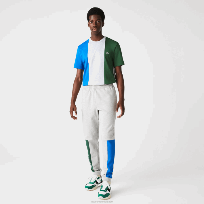 hombres Lacoste 6F241179 gris lomo azul verde hkb pantalones de chándal en mezcla de vellón de algodón con bloques de color