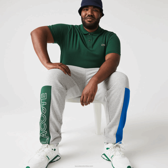 hombres Lacoste 6F241179 gris lomo azul verde hkb pantalones de chándal en mezcla de vellón de algodón con bloques de color