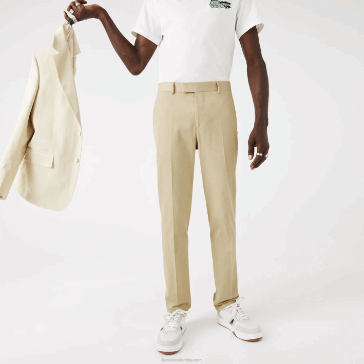 hombres Lacoste 6F241642 beige 68s pantalones plisados ​​de mezcla de algodón y lino