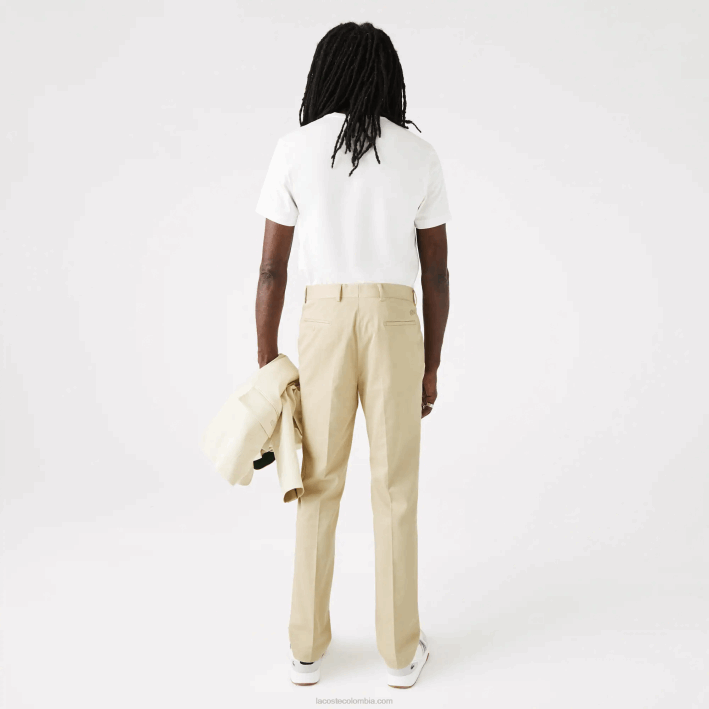 hombres Lacoste 6F241642 beige 68s pantalones plisados ​​de mezcla de algodón y lino