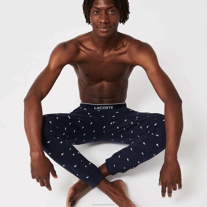 hombres Lacoste 6F241385 azul marino blanco 525 pantalones de pijama de punto estampados