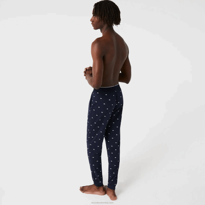 hombres Lacoste 6F241385 azul marino blanco 525 pantalones de pijama de punto estampados