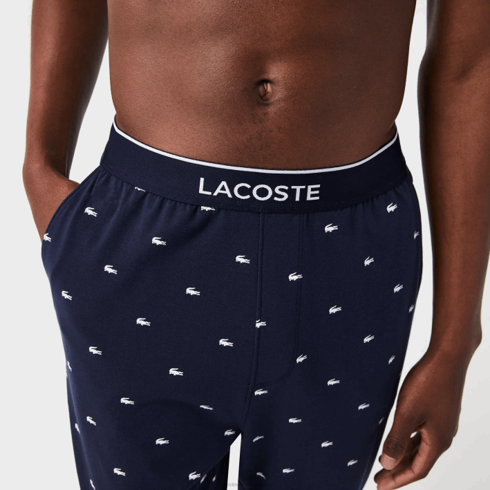 hombres Lacoste 6F241385 azul marino blanco 525 pantalones de pijama de punto estampados