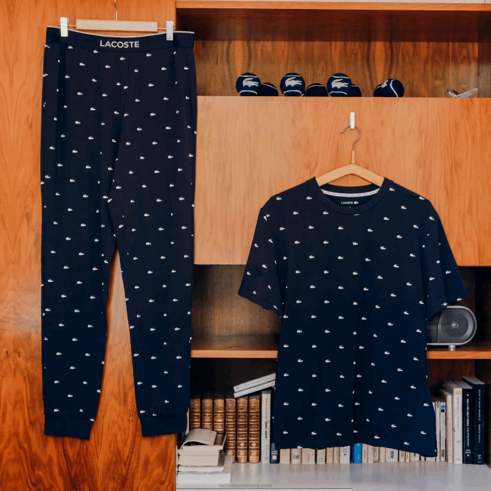 hombres Lacoste 6F241385 azul marino blanco 525 pantalones de pijama de punto estampados