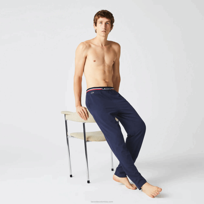 hombres Lacoste 6F241402 azul marino 166 pantalones de pijama de jersey con cinturilla tricolor