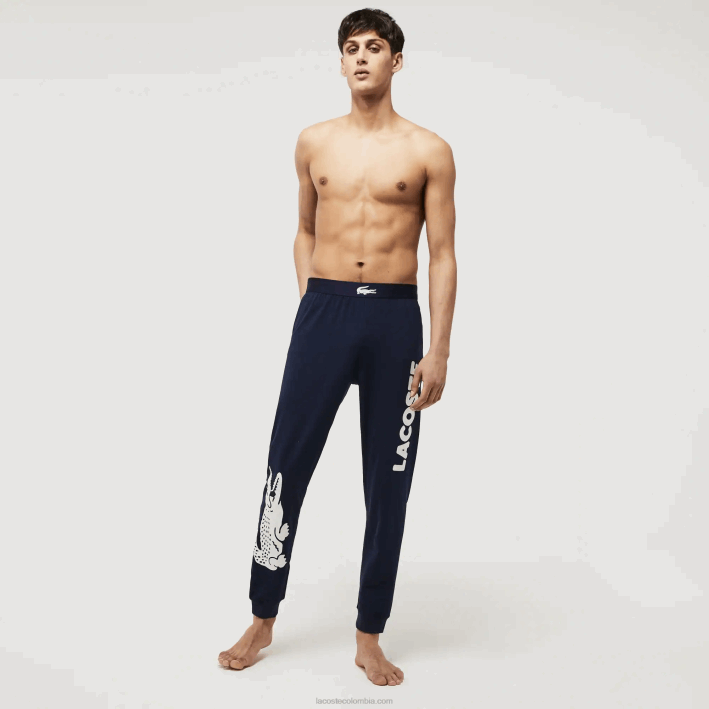 hombres Lacoste 6F241456 azul marino blanco 525 pantalones de pijama de algodón elástico con estampado de cocodrilo hombres Lacoste 6F241456 azul marino blanco 525 pantalones de pijama de algodón elástico con estampado de cocodrilo