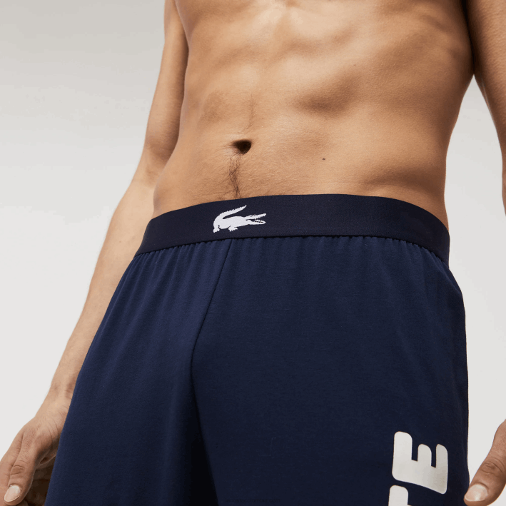 hombres Lacoste 6F241456 azul marino blanco 525 pantalones de pijama de algodón elástico con estampado de cocodrilo