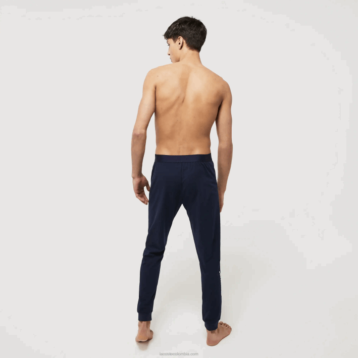 hombres Lacoste 6F241456 azul marino blanco 525 pantalones de pijama de algodón elástico con estampado de cocodrilo