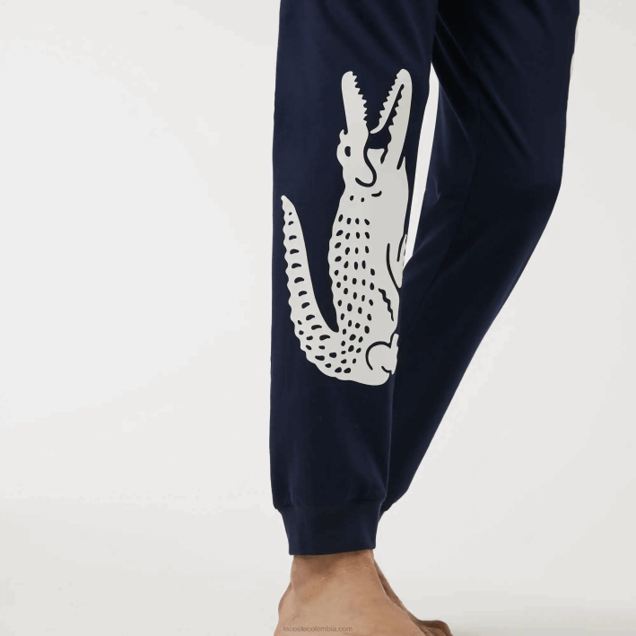 hombres Lacoste 6F241456 azul marino blanco 525 pantalones de pijama de algodón elástico con estampado de cocodrilo