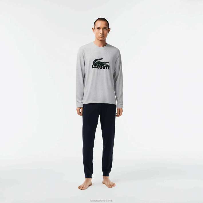 hombres Lacoste 6F241457 azul marino gris chine verde vxd pijama largo de terciopelo con logo hombres Lacoste 6F241457 azul marino gris chine verde vxd pijama largo de terciopelo con logo