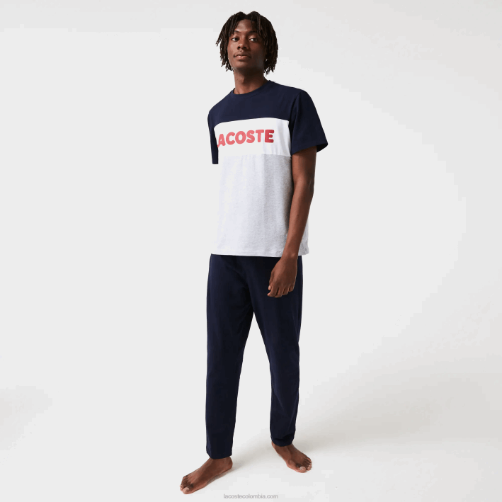 hombres Lacoste 6F241510 gris chino azul marino blanco rojo 4ty conjunto de pijama largo de algodón elástico con bloques de color hombres Lacoste 6F241510 gris chino azul marino blanco rojo 4ty conjunto de pijama largo de algodón elástico con bloques de color