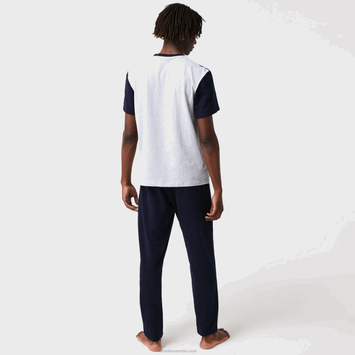 hombres Lacoste 6F241510 gris chino azul marino blanco rojo 4ty conjunto de pijama largo de algodón elástico con bloques de color