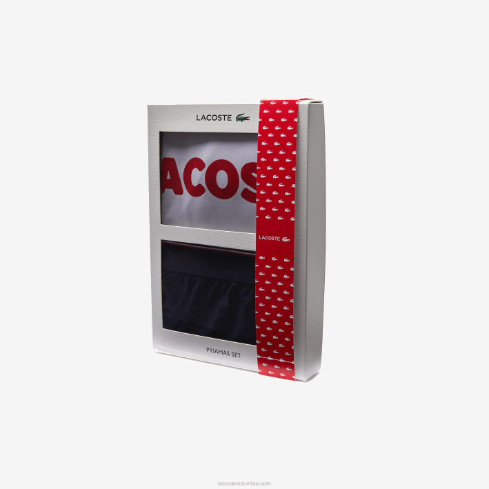 hombres Lacoste 6F241510 gris chino azul marino blanco rojo 4ty conjunto de pijama largo de algodón elástico con bloques de color