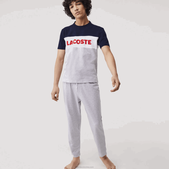 hombres Lacoste 6F241510 gris chino azul marino blanco rojo 4ty conjunto de pijama largo de algodón elástico con bloques de color