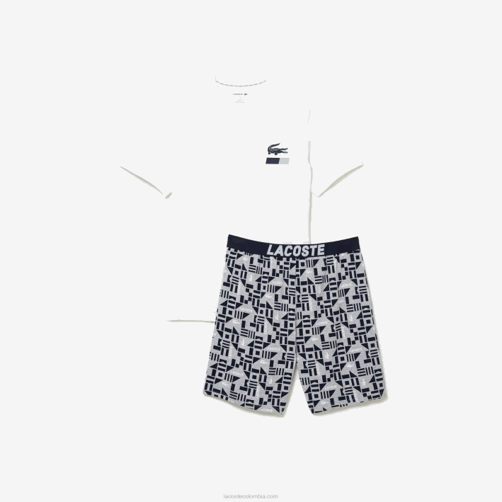 hombres Lacoste 6F241511 blanco azul marino gris chin 40s pijama con estampado gráfico