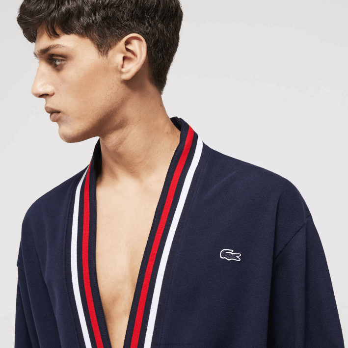 hombres Lacoste 6F241571 azul marino 166 bata de piqué de algodón con banda tricolor