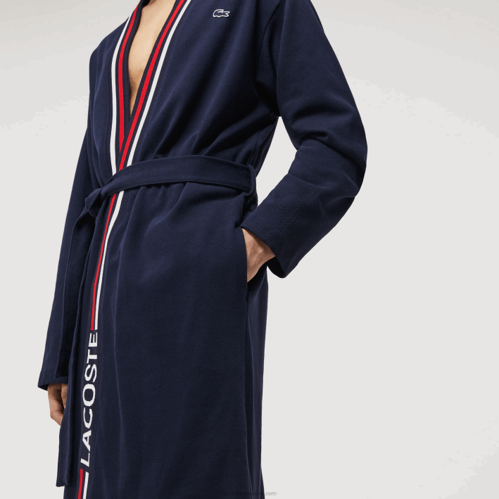 hombres Lacoste 6F241571 azul marino 166 bata de piqué de algodón con banda tricolor