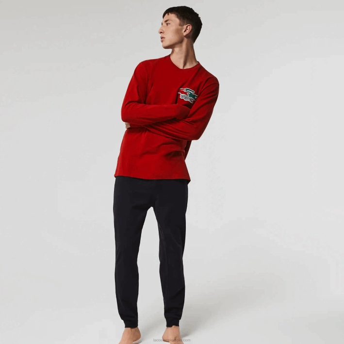 hombres Lacoste 6F241639 rojo azul marino rx1 conjunto de pijama largo de algodón elástico hombres Lacoste 6F241639 rojo azul marino rx1 conjunto de pijama largo de algodón elástico