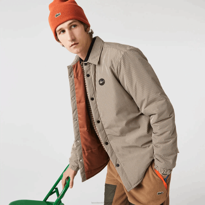 hombres Lacoste 6F241549 beige marino caqui verde 87e sobrecamisa repelente al agua con estampado de cuadros hombres Lacoste 6F241549 beige marino caqui verde 87e sobrecamisa repelente al agua con estampado de cuadros