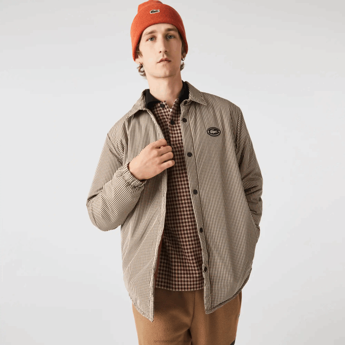 hombres Lacoste 6F241549 beige marino caqui verde 87e sobrecamisa repelente al agua con estampado de cuadros