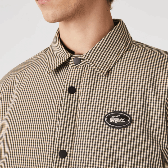 hombres Lacoste 6F241549 beige marino caqui verde 87e sobrecamisa repelente al agua con estampado de cuadros