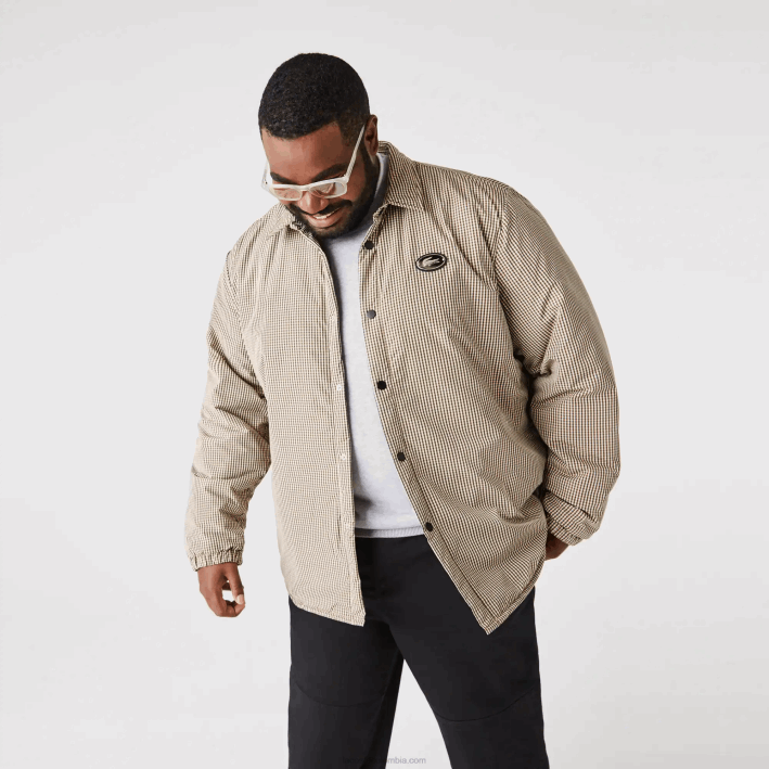 hombres Lacoste 6F241549 beige marino caqui verde 87e sobrecamisa repelente al agua con estampado de cuadros