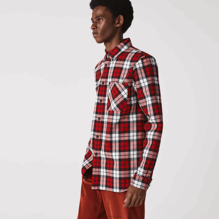 hombres Lacoste 6F241607 blanco rojo azul marino sxb sobrecamisa de franela gruesa de cuadros regular fit