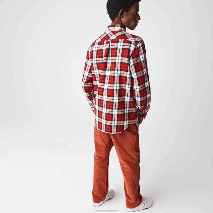 hombres Lacoste 6F241607 blanco rojo azul marino sxb sobrecamisa de franela gruesa de cuadros regular fit