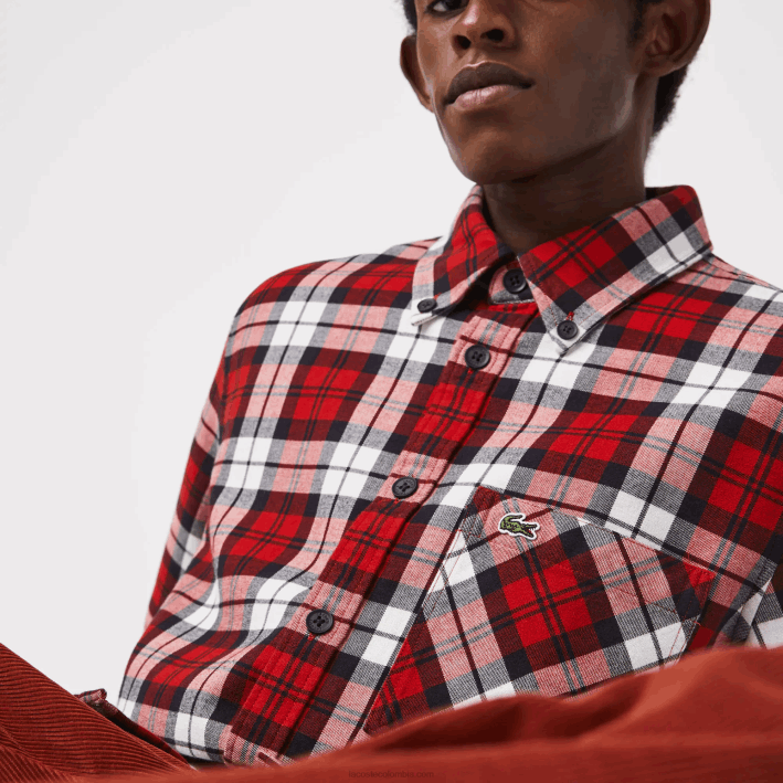 hombres Lacoste 6F241607 blanco rojo azul marino sxb sobrecamisa de franela gruesa de cuadros regular fit