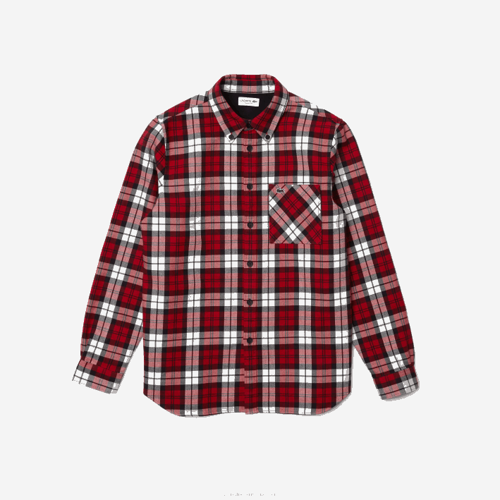 hombres Lacoste 6F241607 blanco rojo azul marino sxb sobrecamisa de franela gruesa de cuadros regular fit