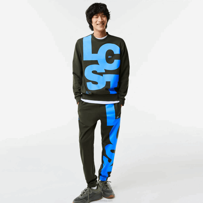 hombres Lacoste 6F241041 verde caqui s7t sudadera de corte clásico con letras en contraste