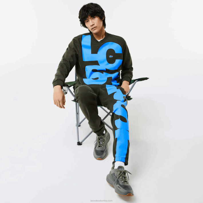 hombres Lacoste 6F241041 verde caqui s7t sudadera de corte clásico con letras en contraste