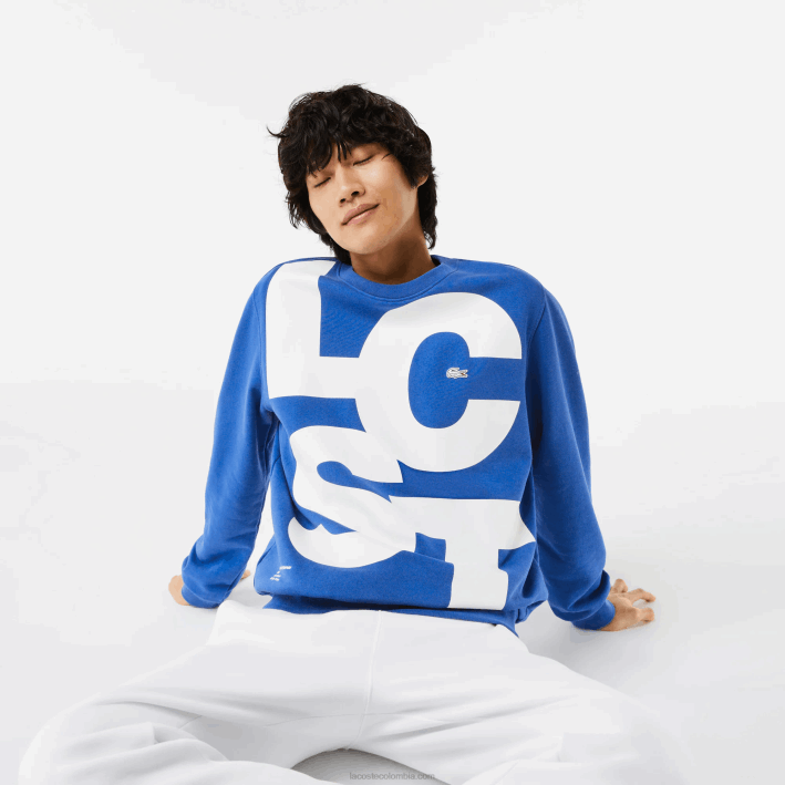 hombres Lacoste 6F241042 azul k1q sudadera de corte clásico con letras en contraste