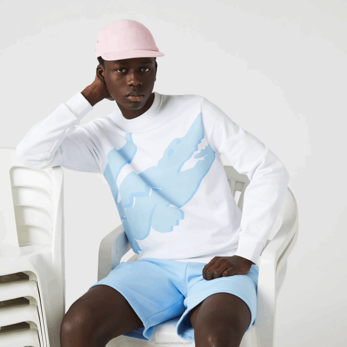 hombres Lacoste 6F241075 blanco 001 sudadera de felpa con cuello redondo y estampado de algodón orgánico
