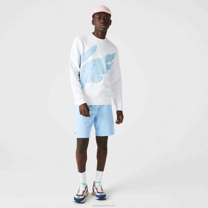hombres Lacoste 6F241075 blanco 001 sudadera de felpa con cuello redondo y estampado de algodón orgánico