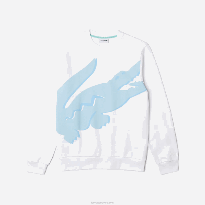 hombres Lacoste 6F241075 blanco 001 sudadera de felpa con cuello redondo y estampado de algodón orgánico