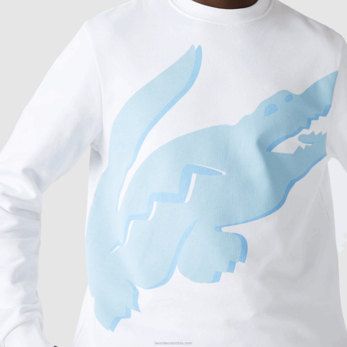 hombres Lacoste 6F241075 blanco 001 sudadera de felpa con cuello redondo y estampado de algodón orgánico