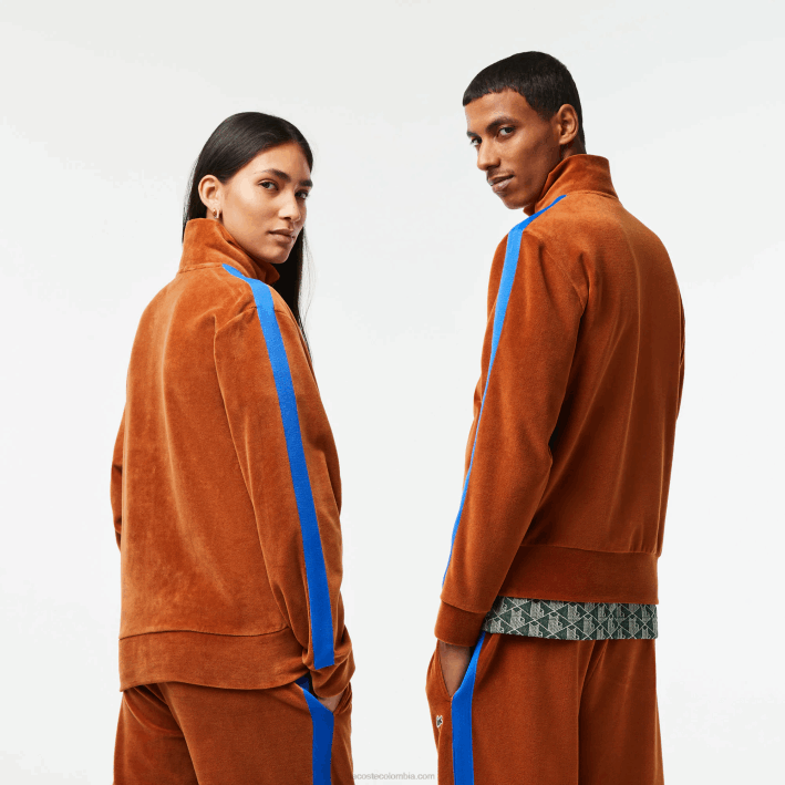 hombres Lacoste 6F241117 marrón 3pb sudadera regular fit de terciopelo con cremallera