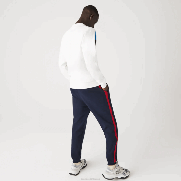 hombres Lacoste 6F241127 blanco azul negro wza sudadera con cuello redondo y diseño de bloques de colores