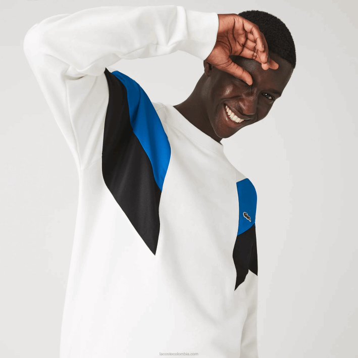 hombres Lacoste 6F241127 blanco azul negro wza sudadera con cuello redondo y diseño de bloques de colores